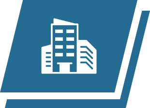 Icon of a building on blue background.